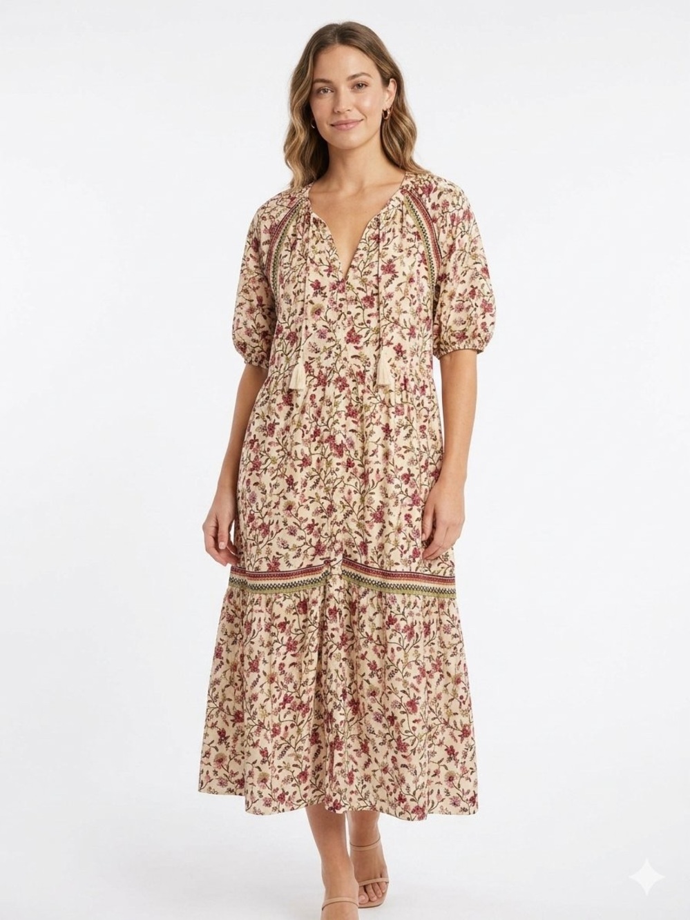 2X Wonderly Women's Cream Floral Print Short Sleeve Maxi Dress Button Front